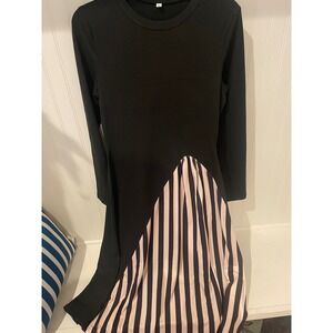 Black Midi Dress Striped Panel‎ Long Sleeve Crew Neck Size Medium